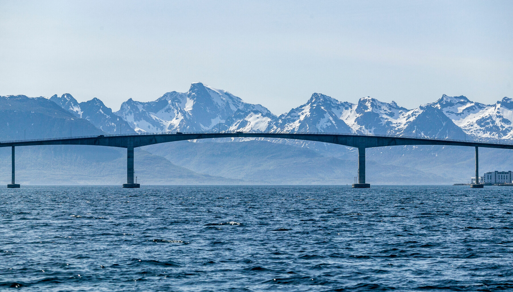 Sortland,Bridge,,Northern,Norway,,Vesteralen,Mountain,Chain,In,The,Background