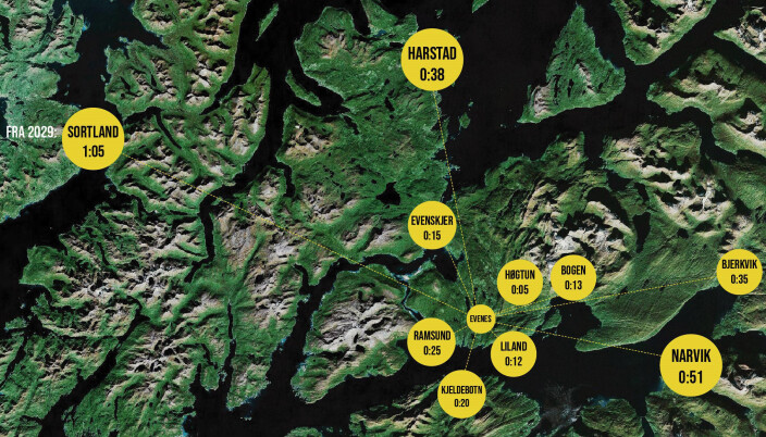 Evenes er sentral i en viktig region. Illustrasjonen viser kjøretiden fra flyplassen. Evenes er sentral i en viktig region. Illustrasjonen viser kjøretiden fra flyplassen.