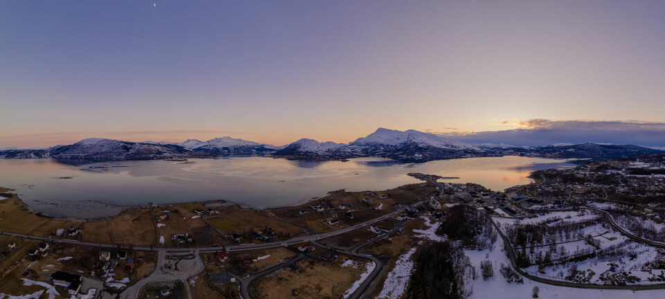 Aerial panorama photo of Evenskjer and Fjelldal, Norway, may 2020.