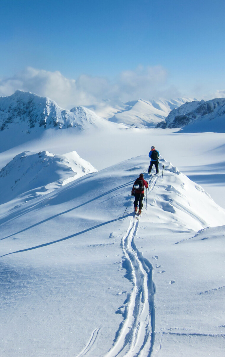 High,Altitude,View,Of,Two,Skiers,Walking,On,A,Mountain