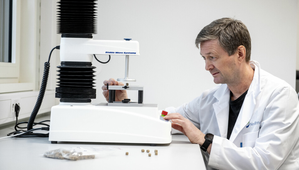 Forsker Tor Andreas Samuelsen tester teksturen til fôrpellets.