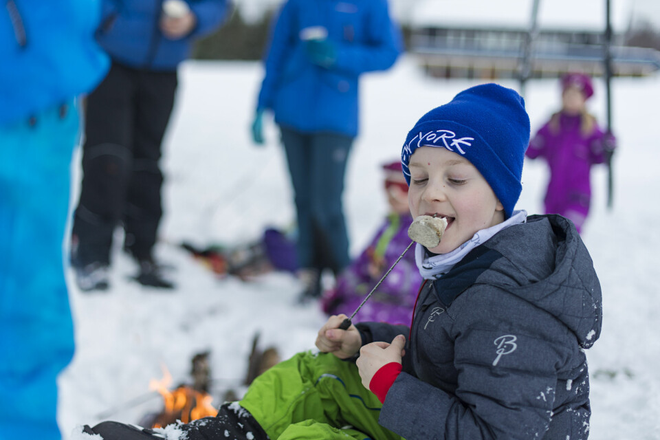 Nasjonalparklandsbyene Foto Ørjan Bertelsen. Barn leker i snøen. De bruker både akematte og ski.