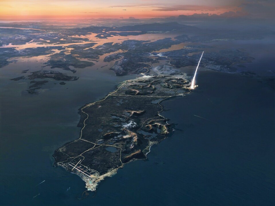 Illustrasjon av Andøya, med en rakett på vei opp fra den nye romhavnen.