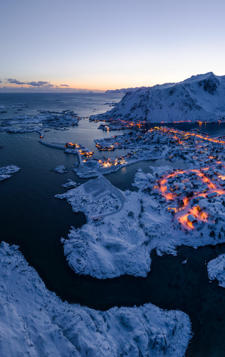 Aerial,Photography,Of,Evening,Winter,Landscape,And,Fishing,Town,Ballstad